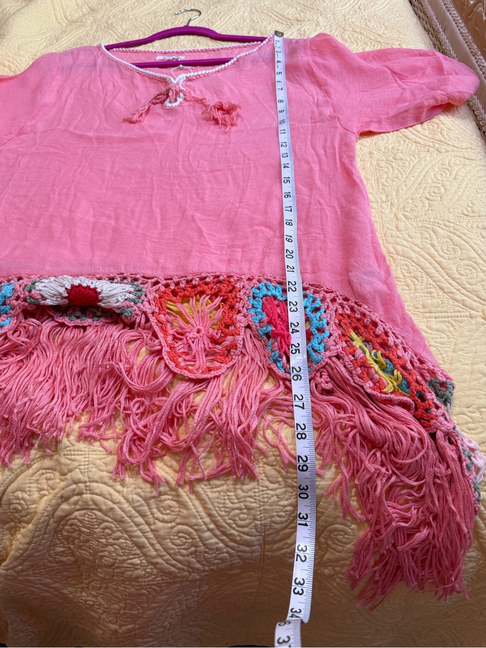 NWT Miracle S M pp21 Coral Boho colorful Crochet accents Fringe Tunic Top - Picture 8 of 10